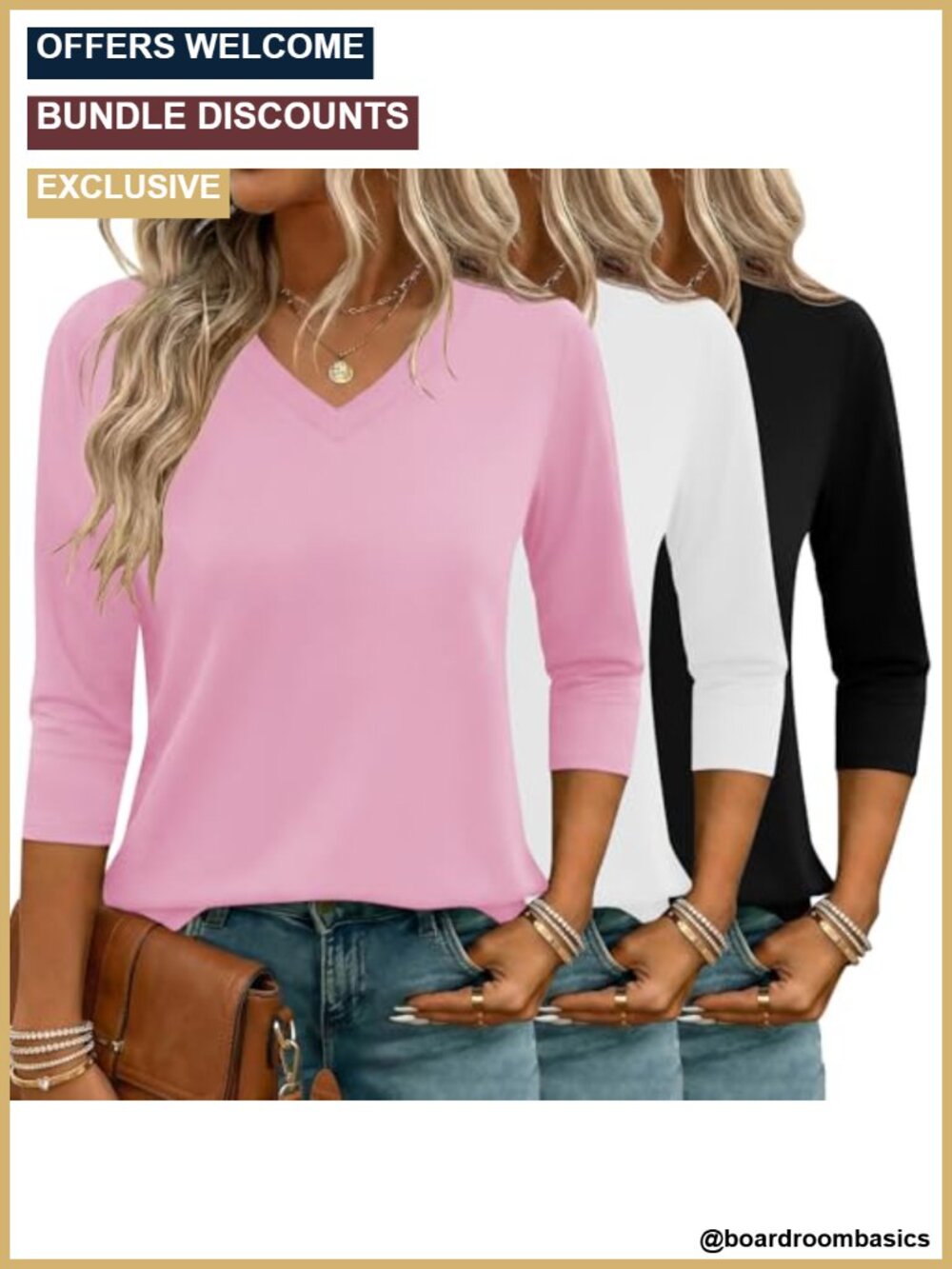 3 Pack Women's 3/4 Sleeve V Neck T-Shirts Casual Summer Tops